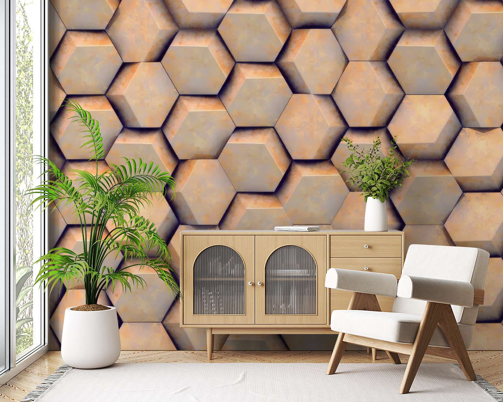 Papier peint hexagones bruns de forme tridimensionnelle