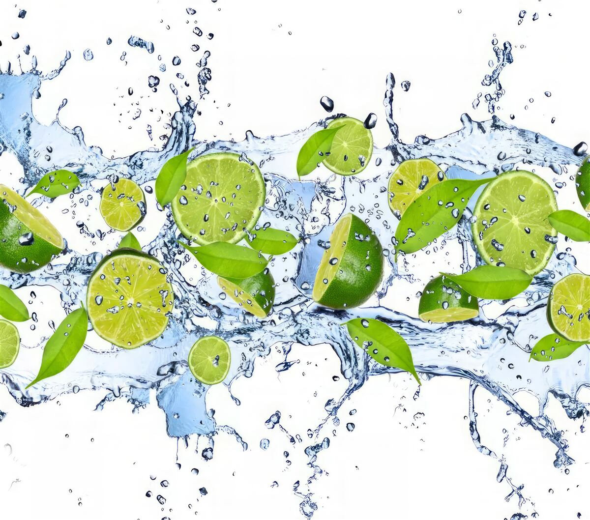 Papier peint citrons verts coupés en tranches et placés dans l'eau