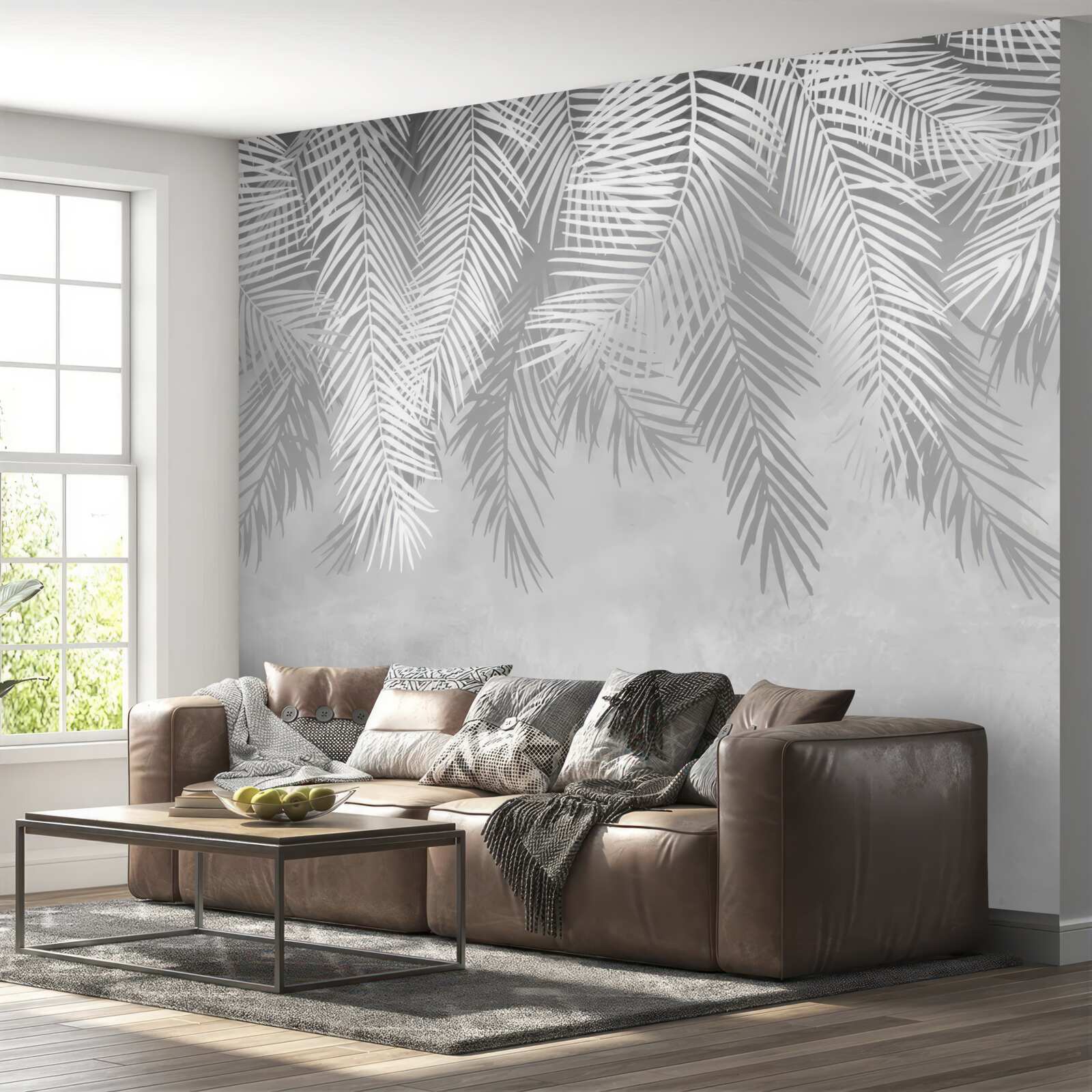 Papier peint grandes feuilles de fougère blanche pendantes