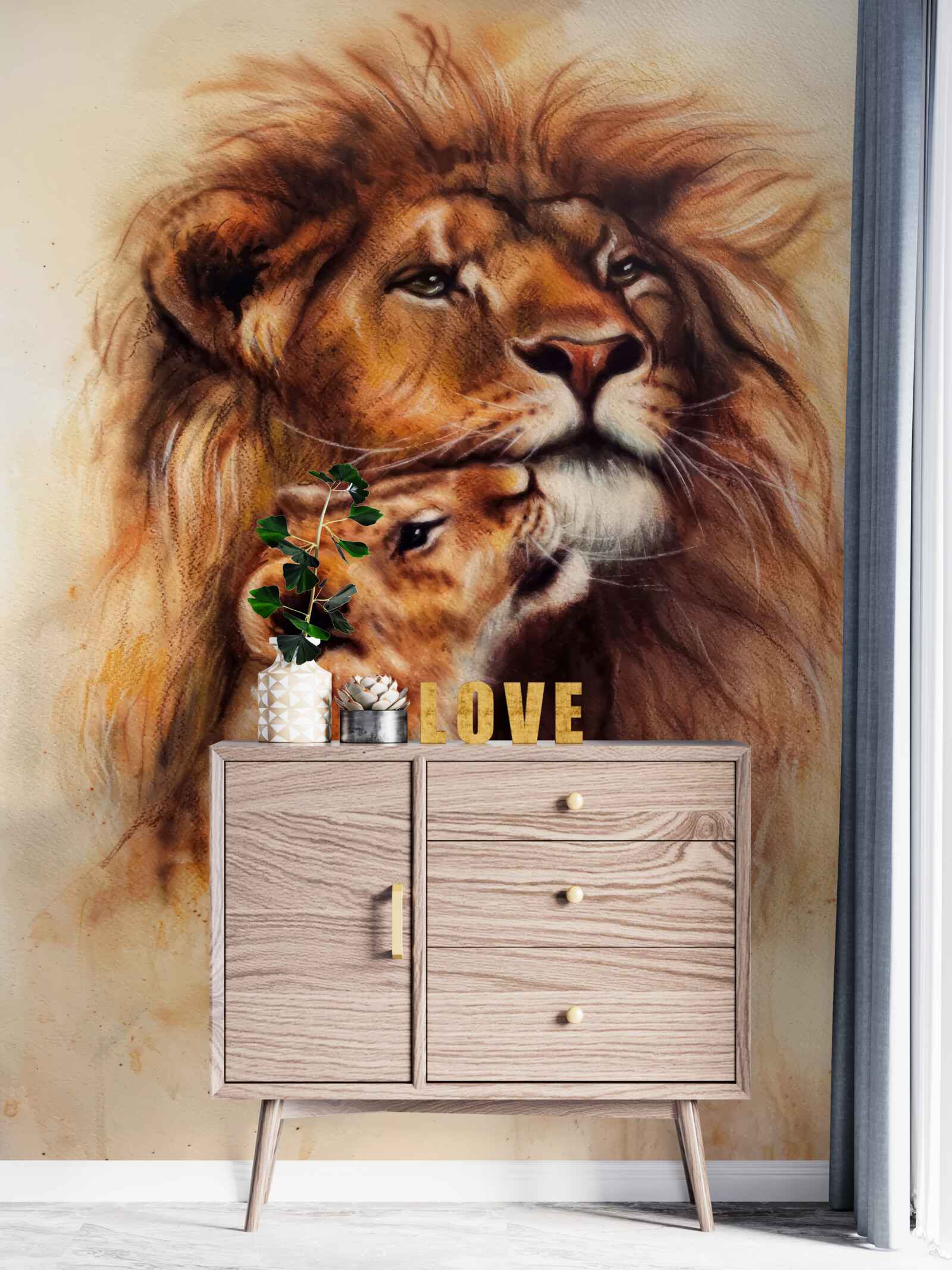 Papier peint un lion adulte et ses petits