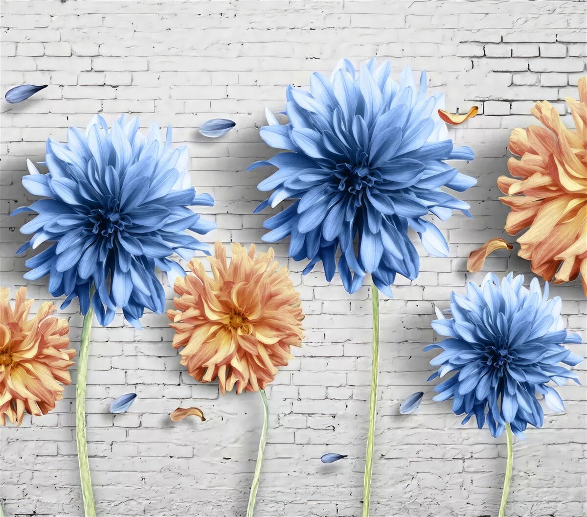 Papier peint Fleurs dans les tons de brun et de bleu sur un fond de brique