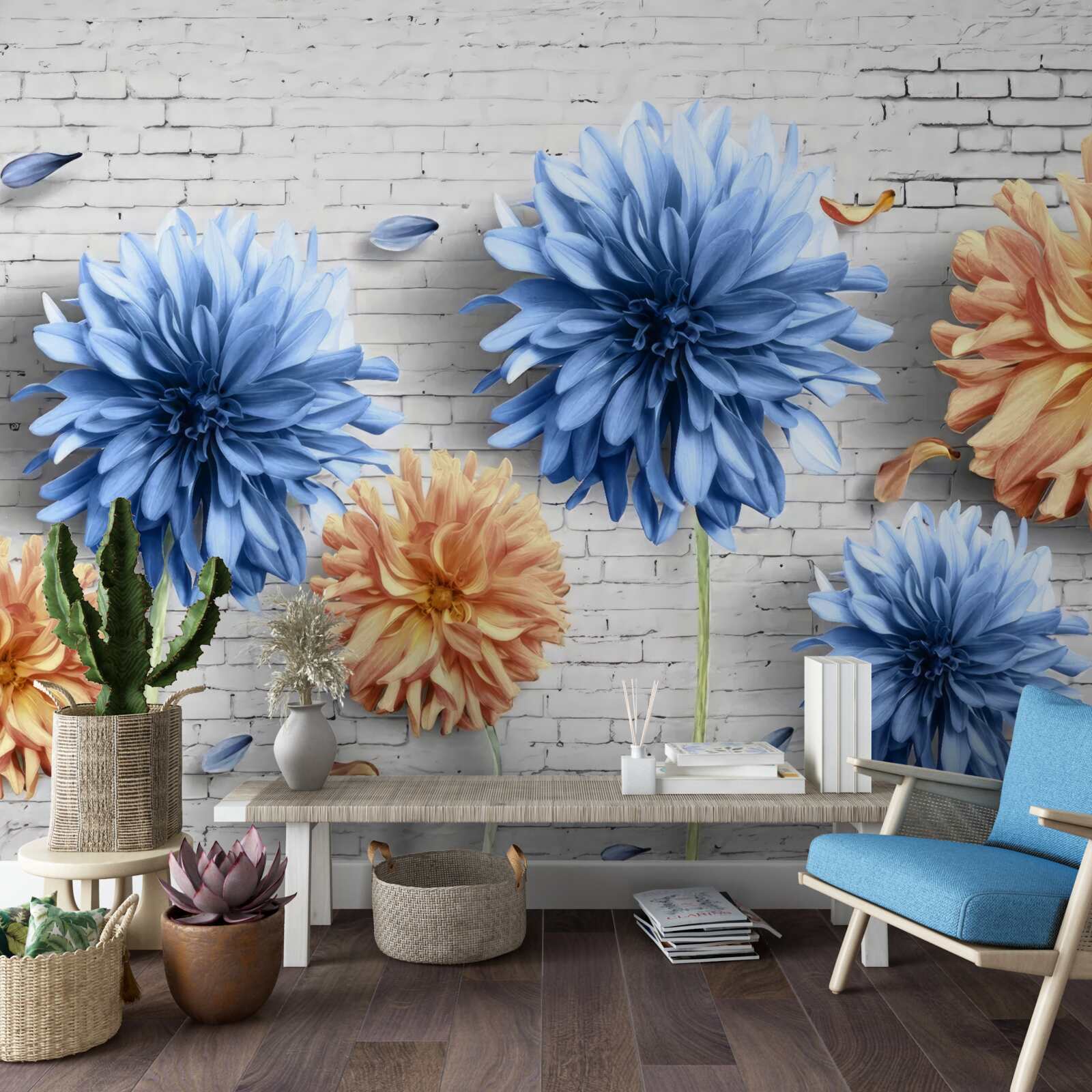 Papier peint Fleurs dans les tons de brun et de bleu sur un fond de brique