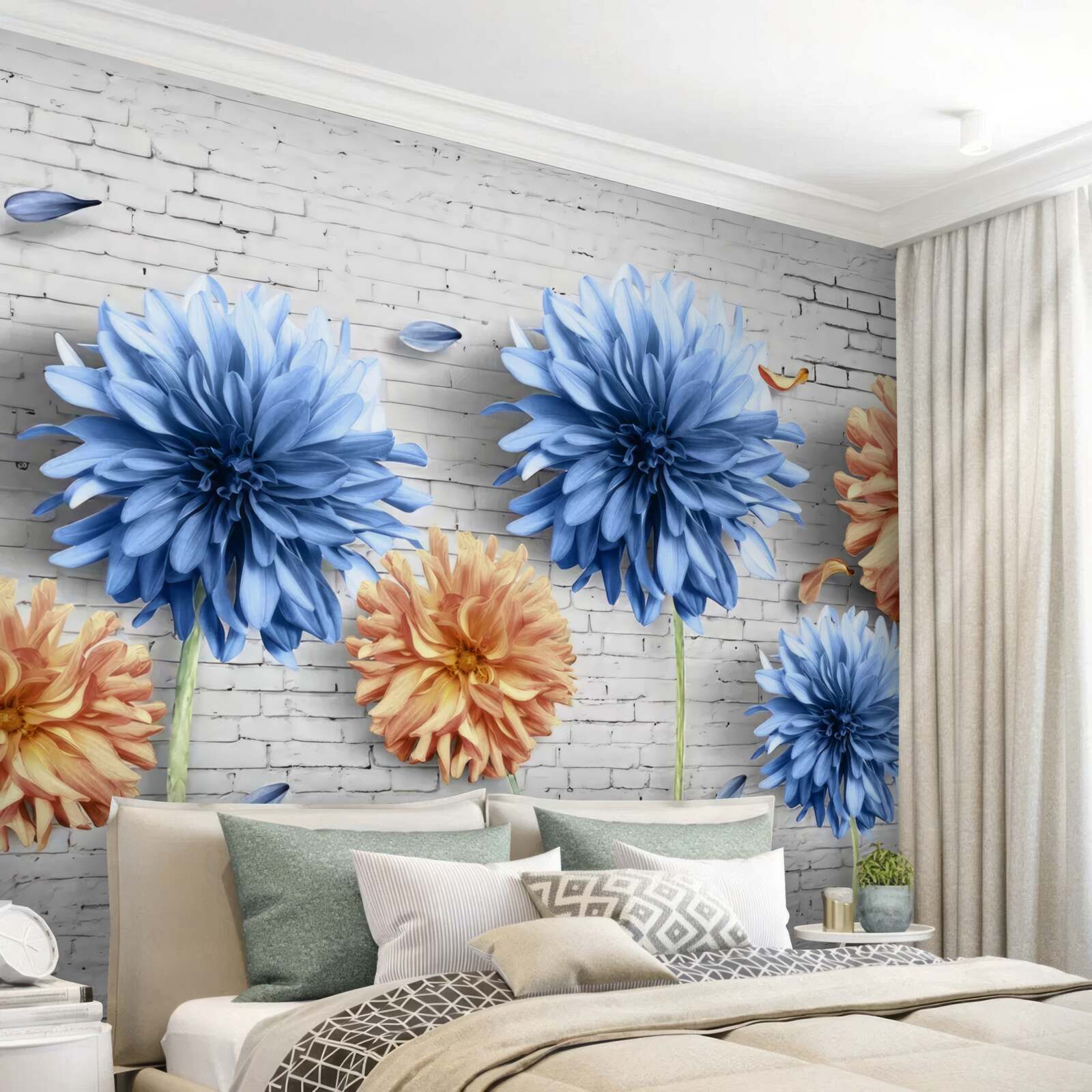 Papier peint Fleurs dans les tons de brun et de bleu sur un fond de brique