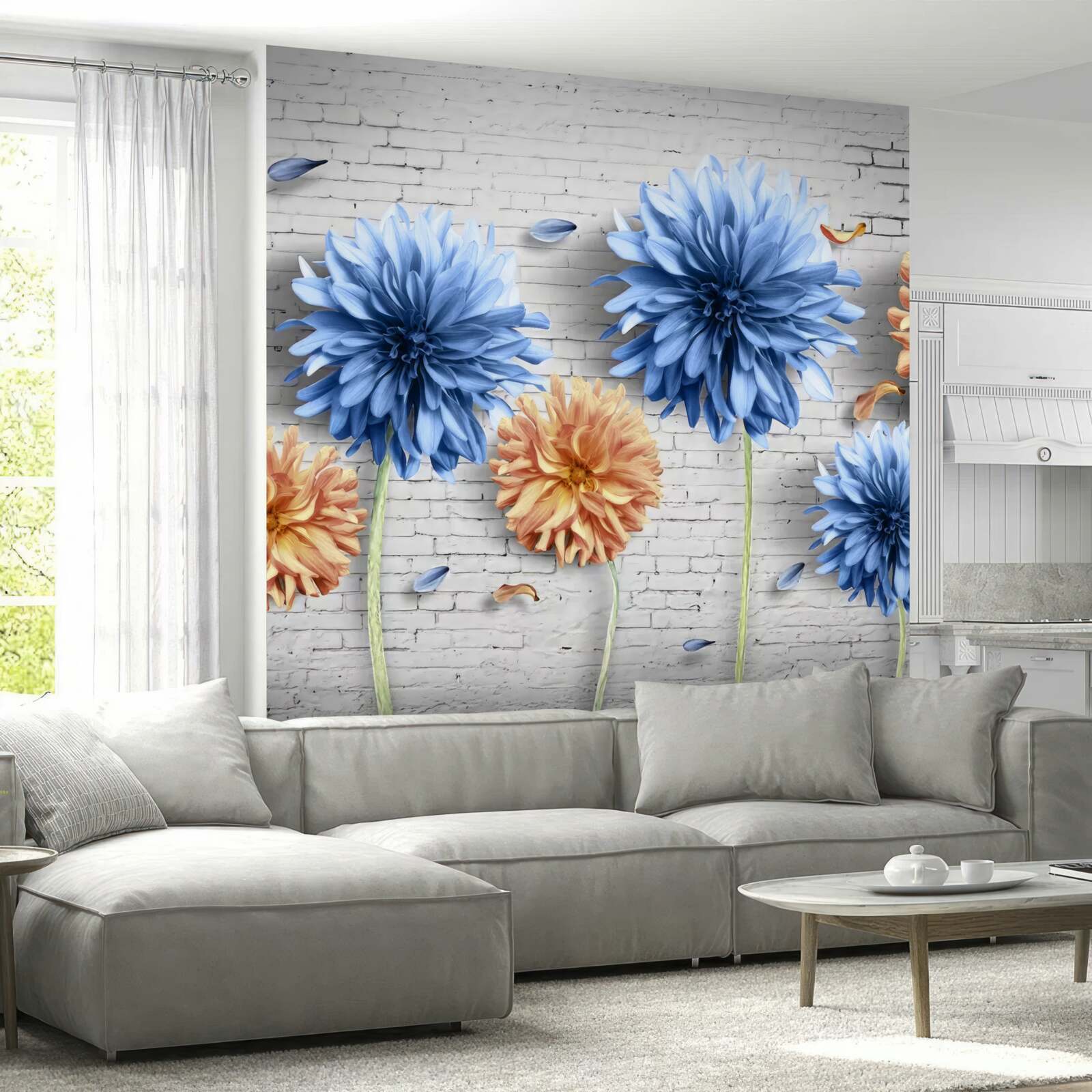 Papier peint Fleurs dans les tons de brun et de bleu sur un fond de brique