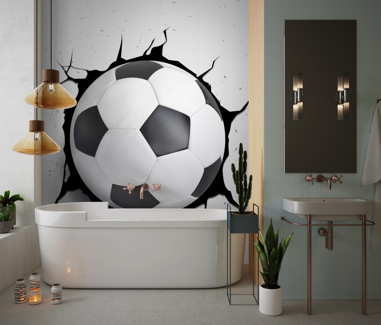 Papier peint un ballon de football dépasse du mur