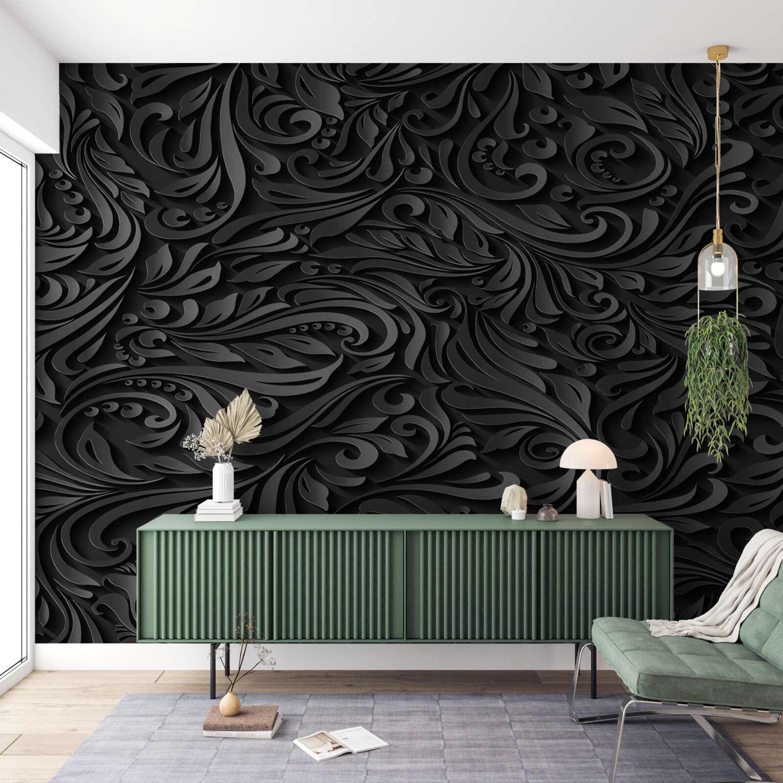 Papier peint boucles noires de formes variées