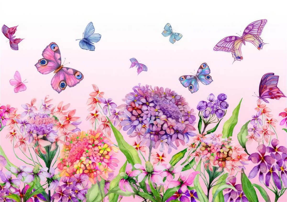 Papier peint les papillons volent au-dessus des fleurs