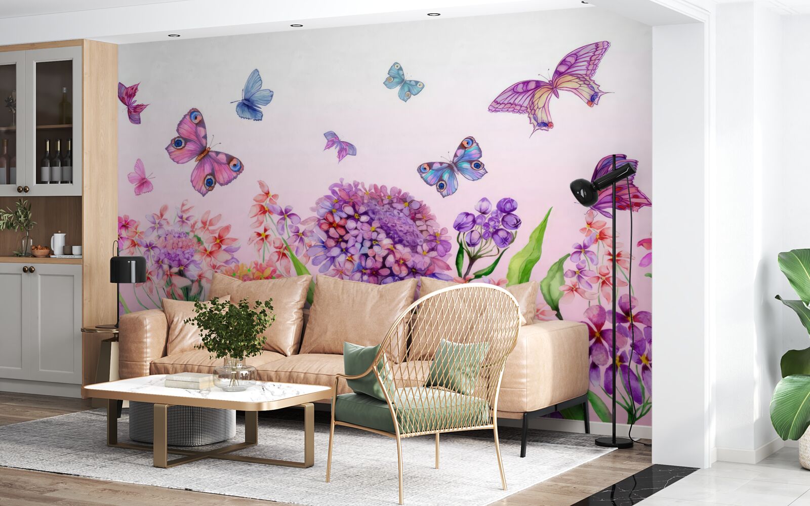 Papier peint les papillons volent au-dessus des fleurs