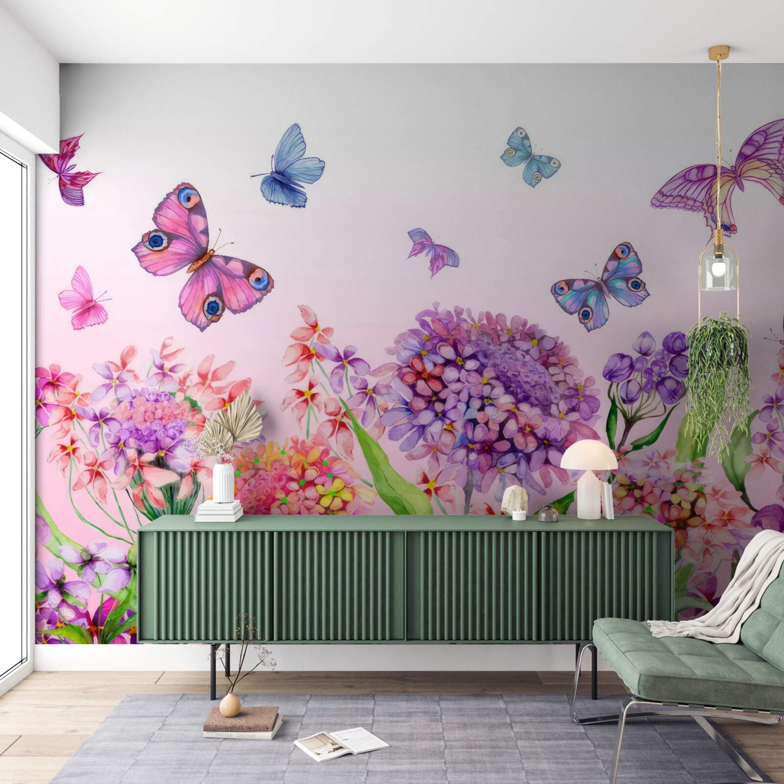 Papier peint les papillons volent au-dessus des fleurs
