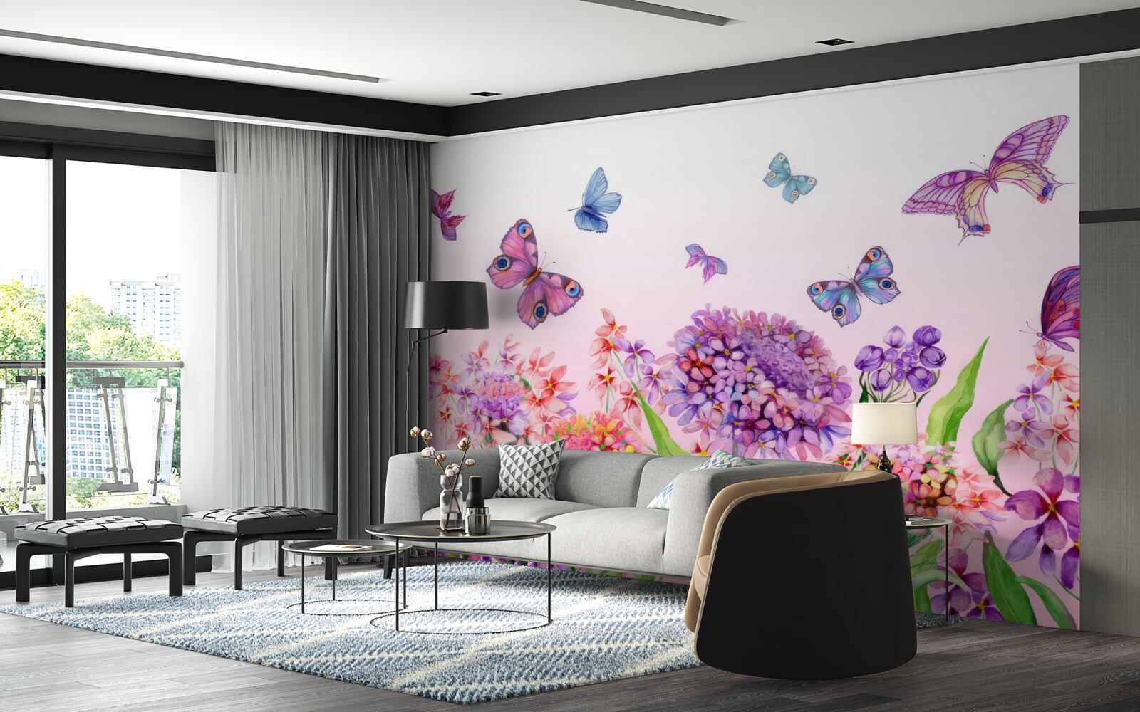 Papier peint les papillons volent au-dessus des fleurs