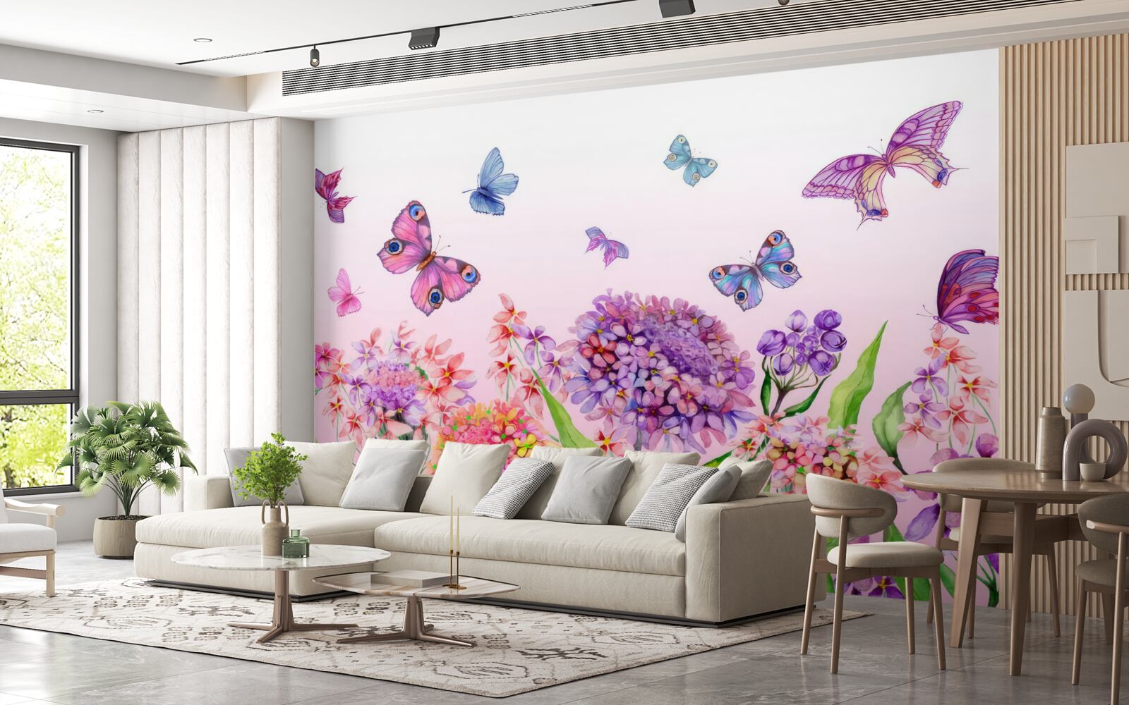 Papier peint les papillons volent au-dessus des fleurs