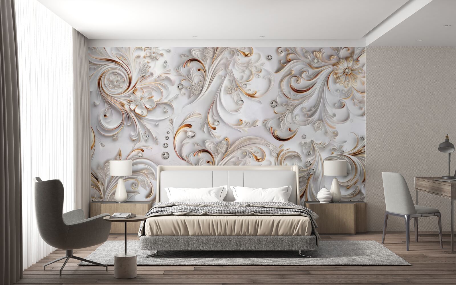 Papier peint fleurs blanches avec des boucles dorées et des éléments volumétriques