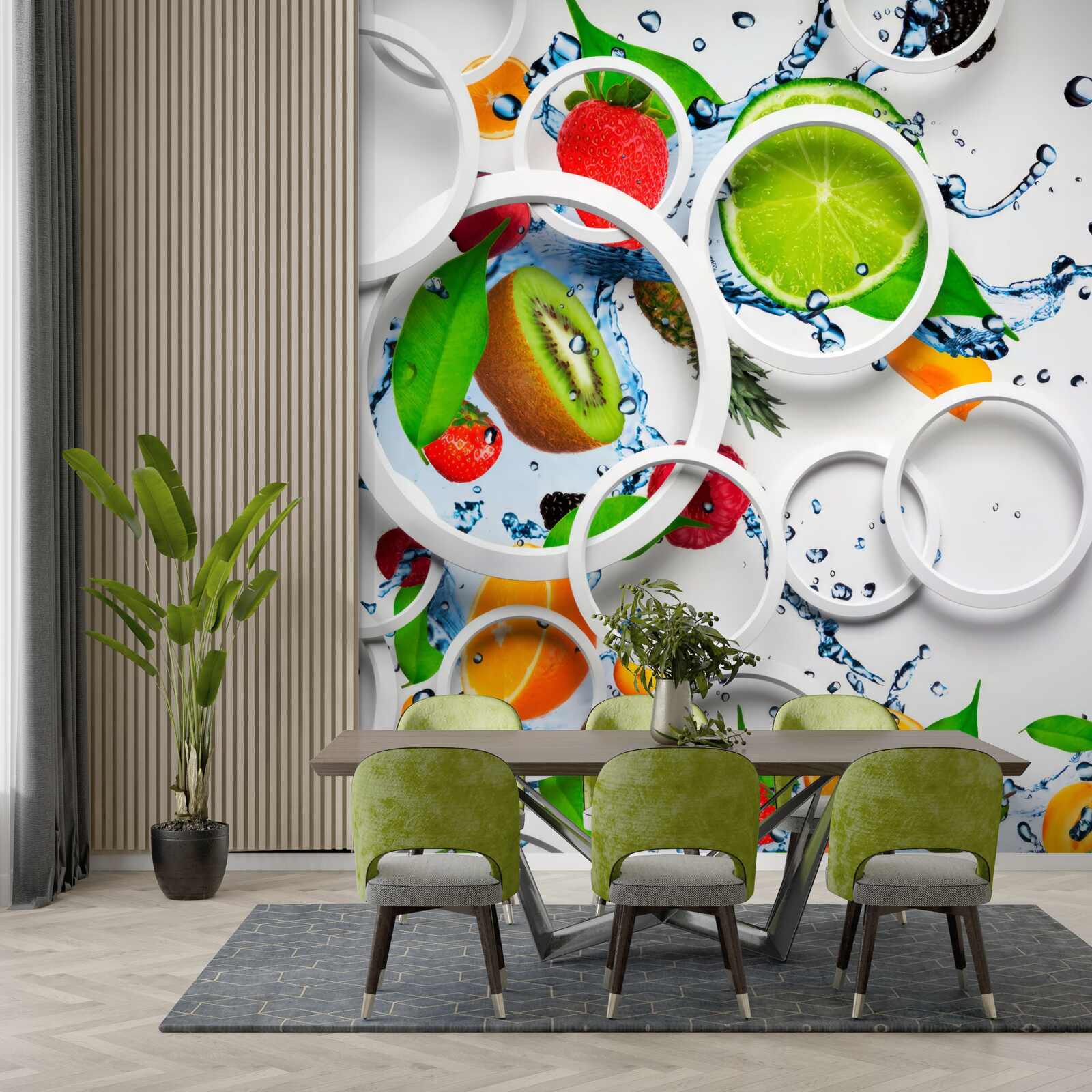 Papier peint cercles volumétriques blancs et fruits