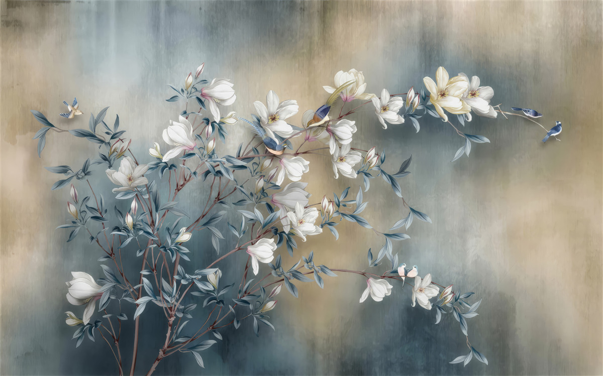 Papier peint branche couverte de fleurs blanches