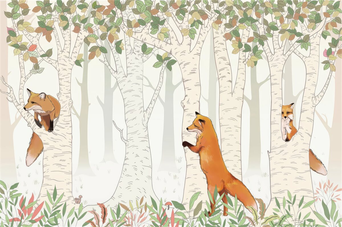 Papier peint renards parmi les branches des arbres