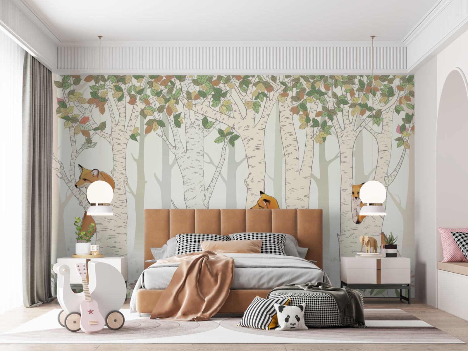 Papier peint renards parmi les branches des arbres
