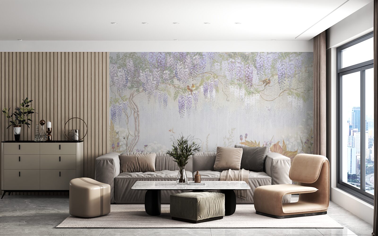 Papier peint arbre avec oiseaux et fleurs violettes