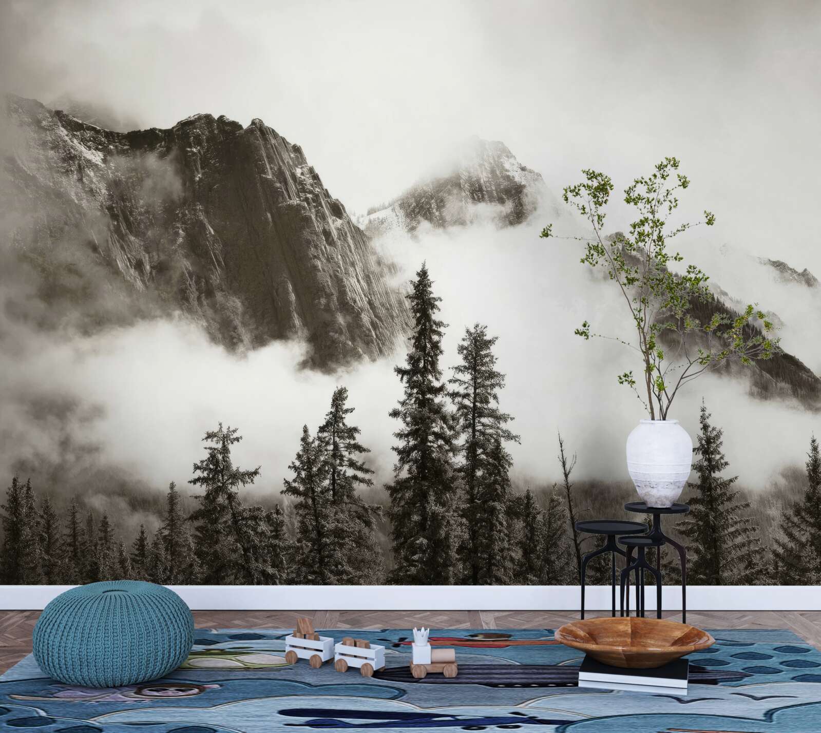 Papier peint montagnes en noir et blanc, enveloppées de brume