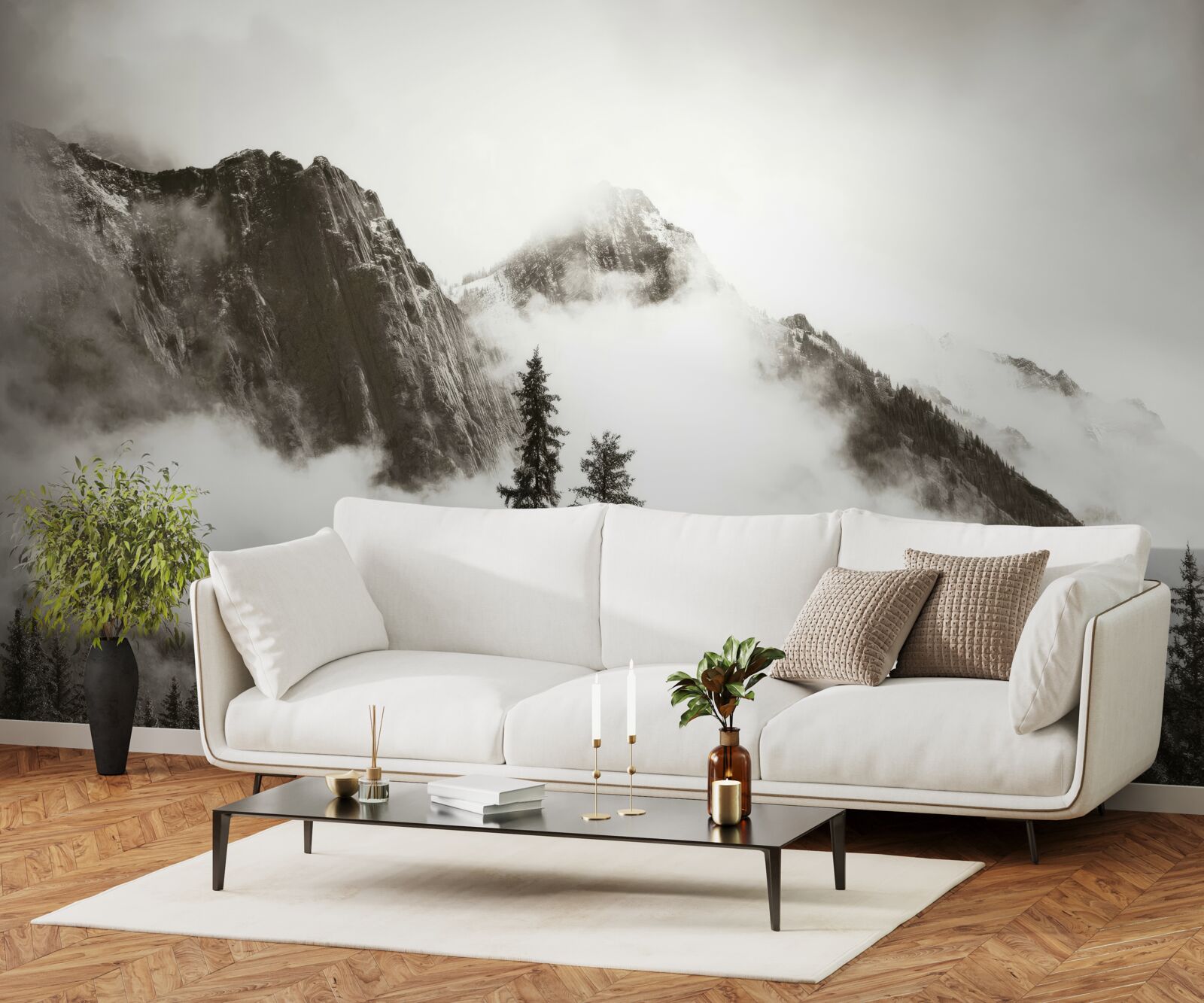 Papier peint montagnes en noir et blanc, enveloppées de brume
