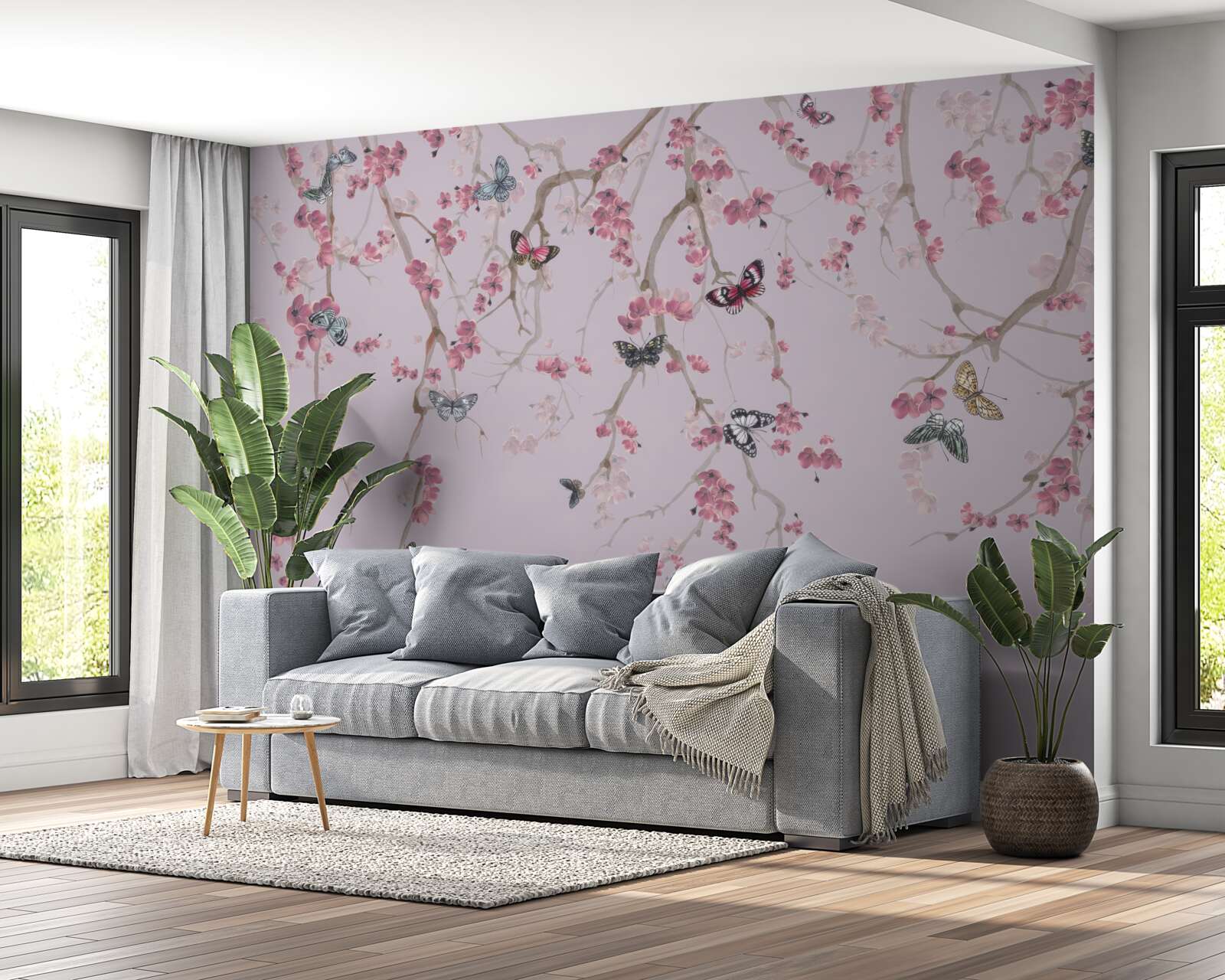 Papier peint branches avec fleurs roses et papillons