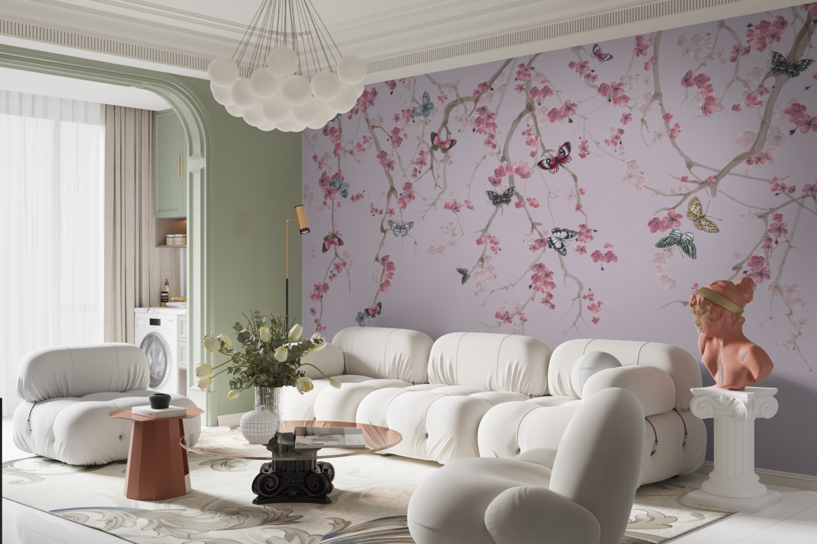 Papier peint branches avec fleurs roses et papillons