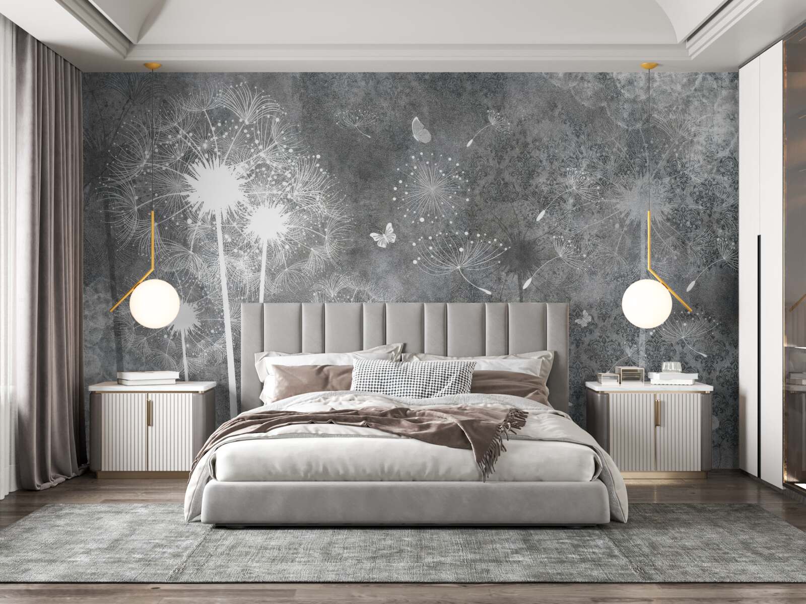 Papier peint silhouettes blanches de pissenlits sur fond gris