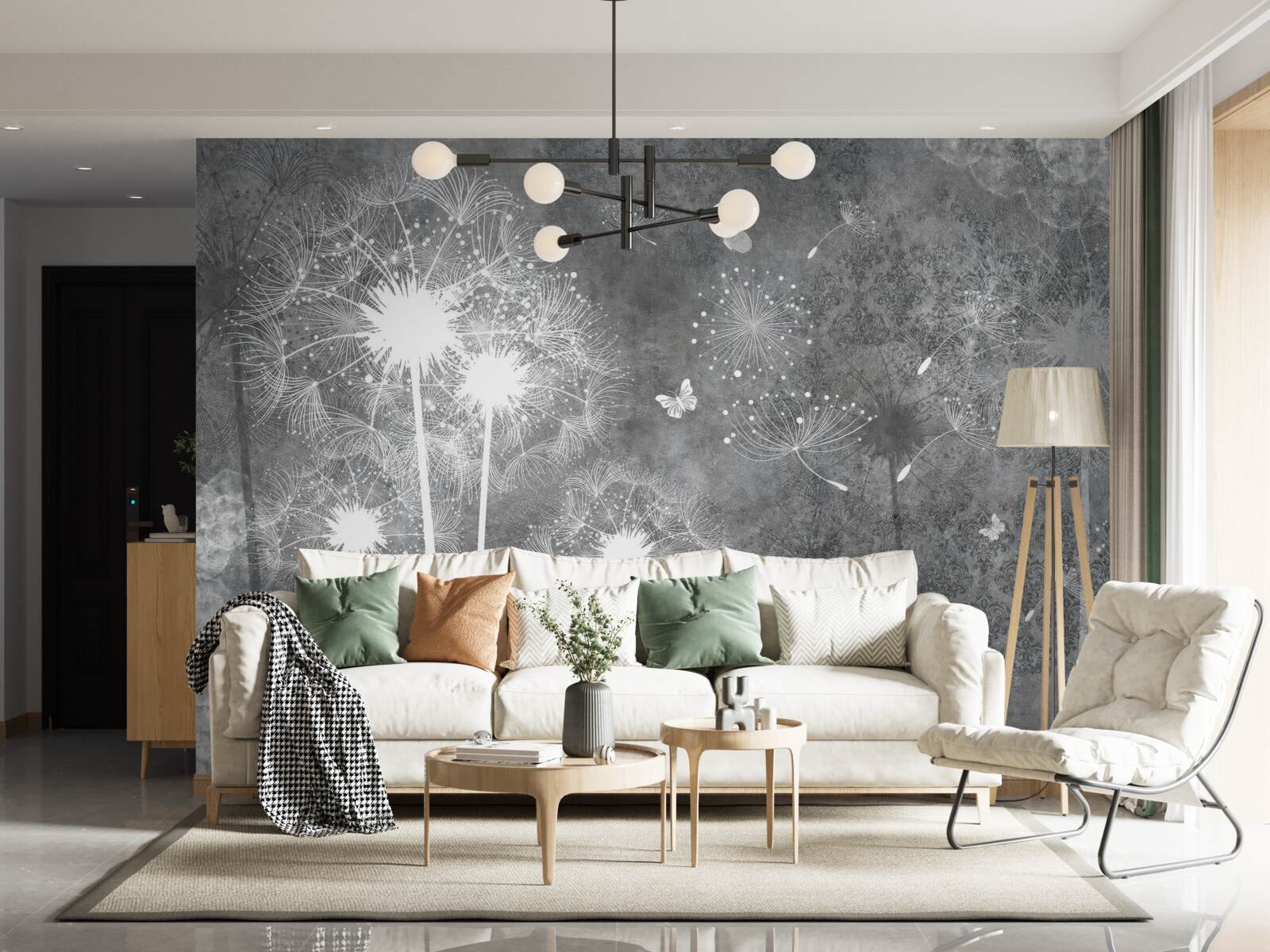Papier peint silhouettes blanches de pissenlits sur fond gris