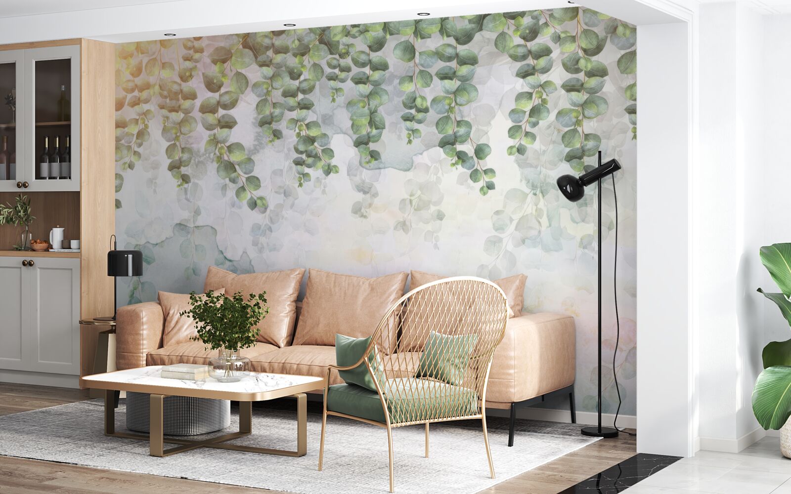 Papier peint branches pendantes avec des feuilles vertes