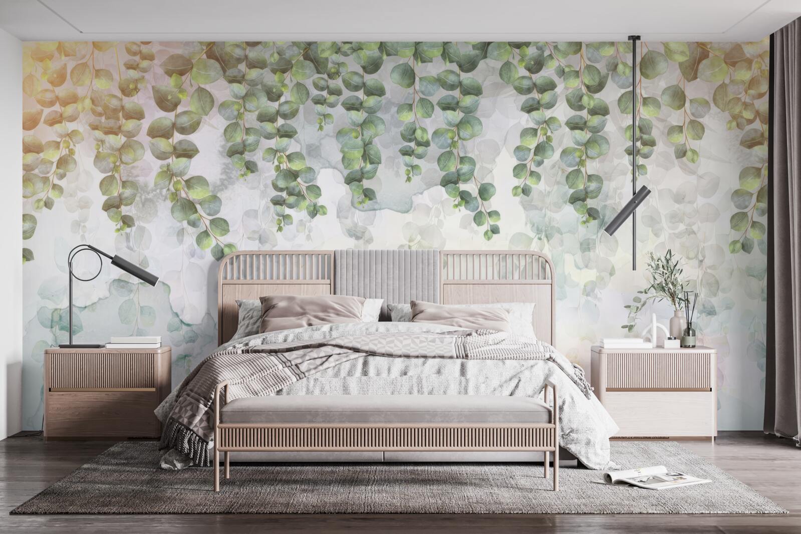 Papier peint branches pendantes avec des feuilles vertes