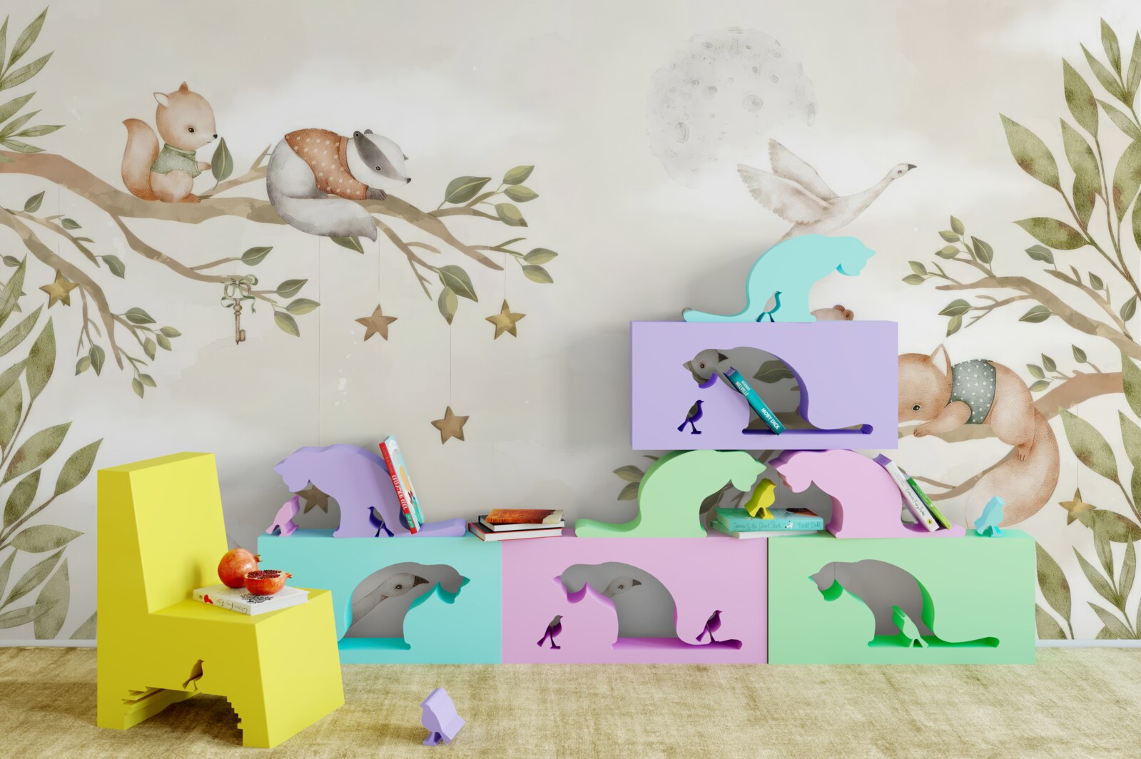 Papier peint divers animaux étaient assis sur les branches de l'arbre