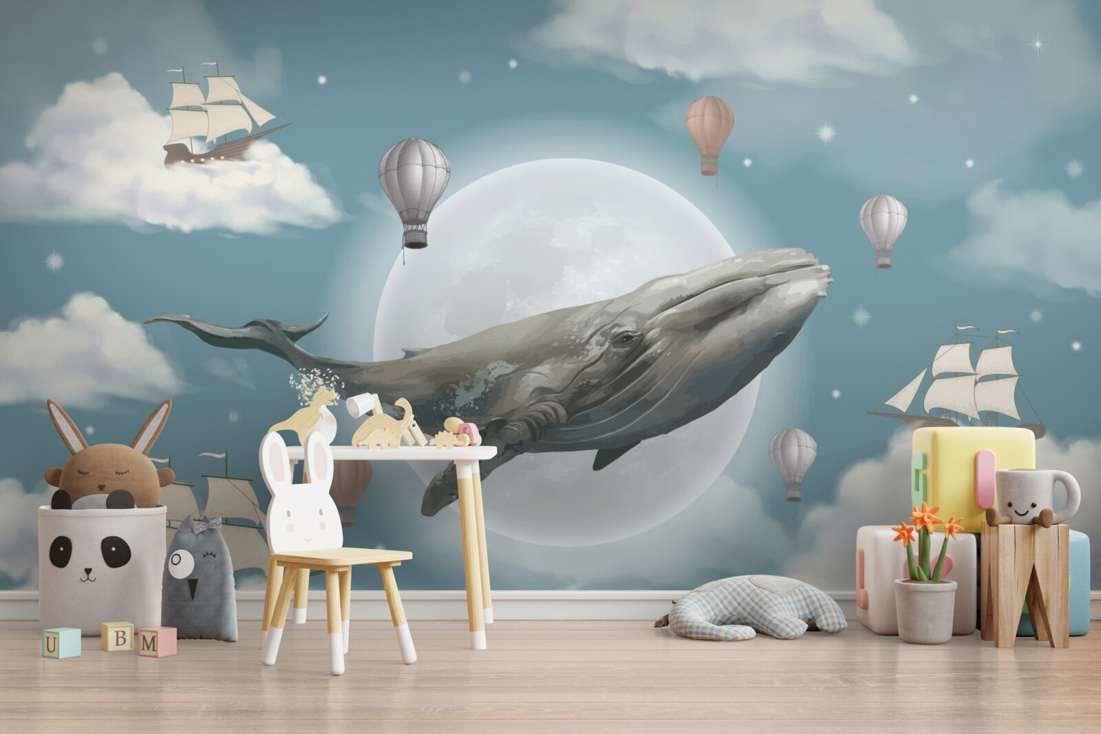 Papier peint cachalot géant sur fond de pleine lune