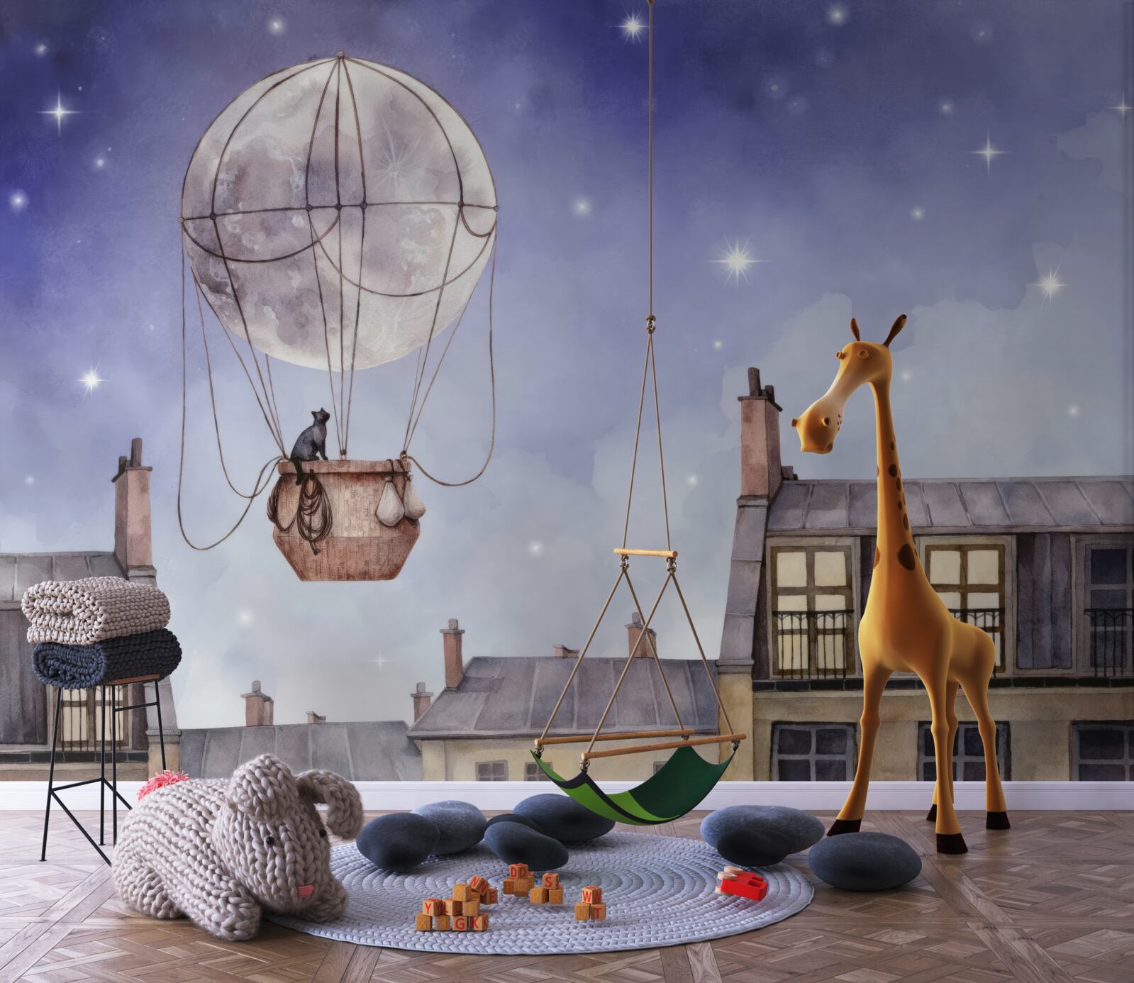 Papier peint le chat survole les maisons en ballon