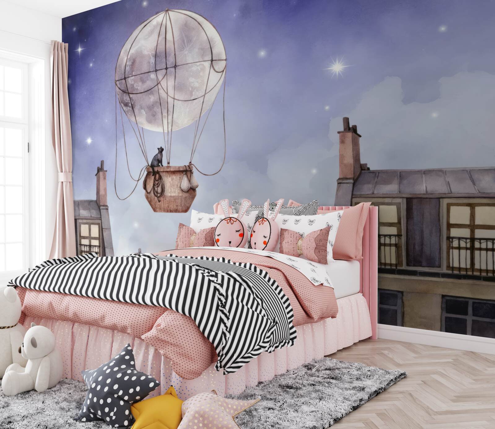 Papier peint le chat survole les maisons en ballon