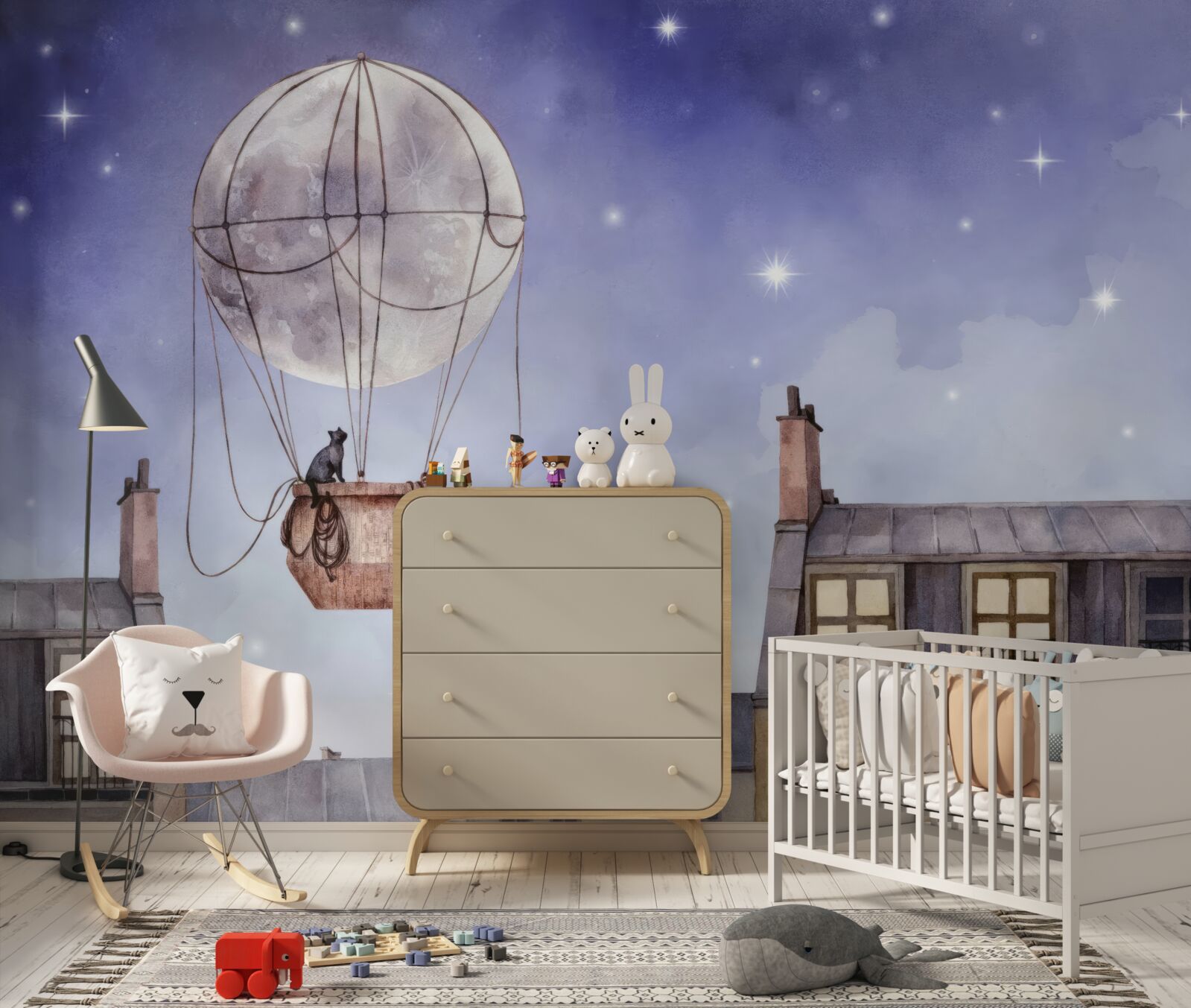 Papier peint le chat survole les maisons en ballon