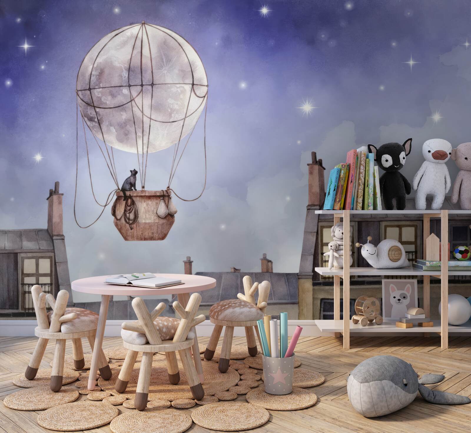 Papier peint le chat survole les maisons en ballon