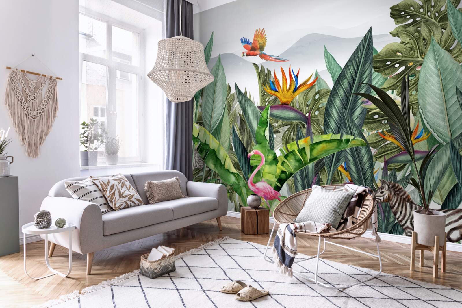 Papier peint verdure variée avec des animaux et des oiseaux