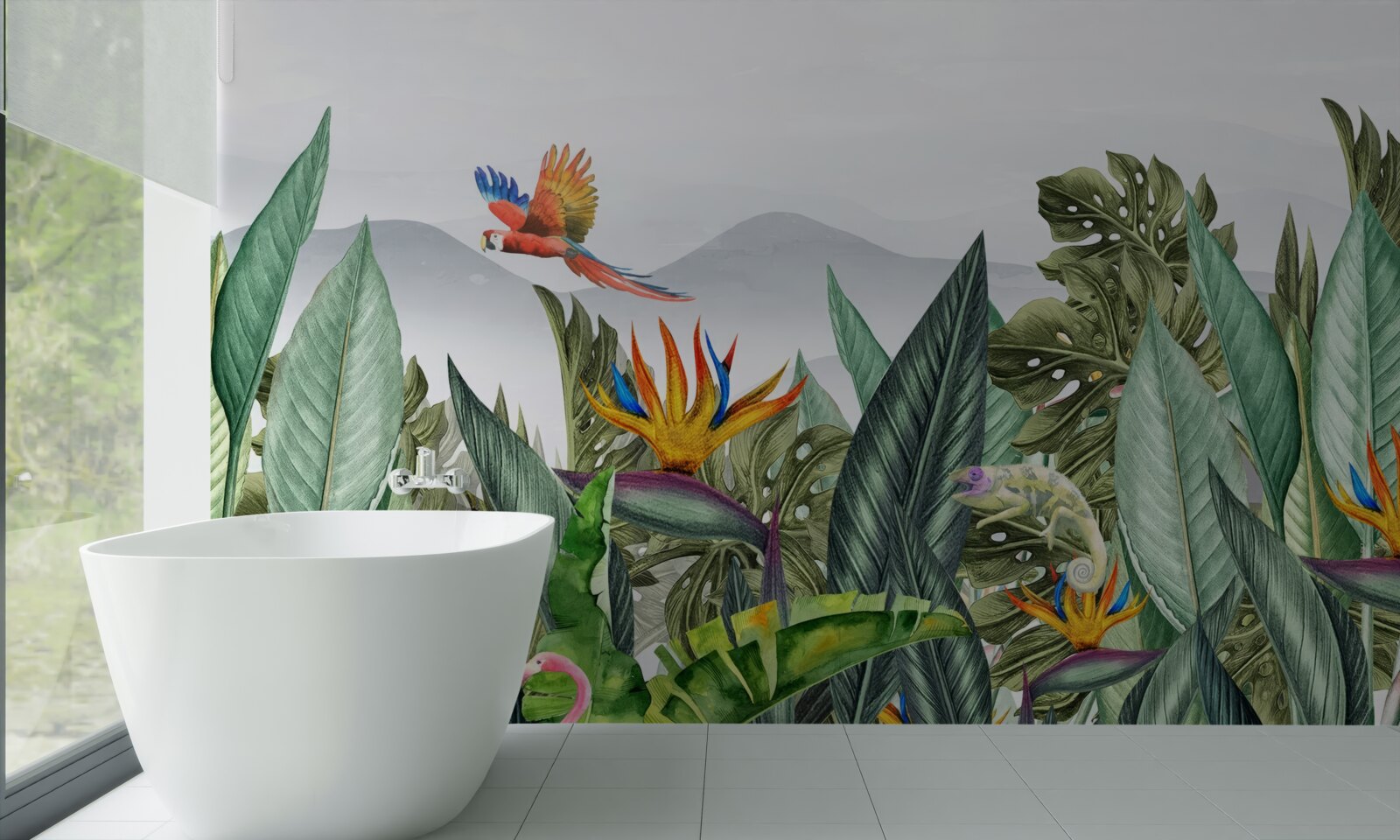 Papier peint verdure variée avec des animaux et des oiseaux