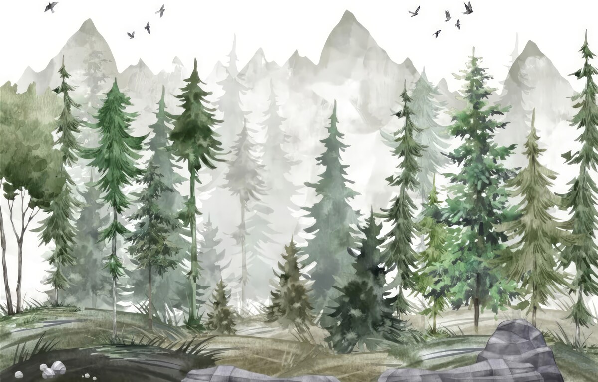 Papier peint forêt et montagnes peintes à l'aquarelle