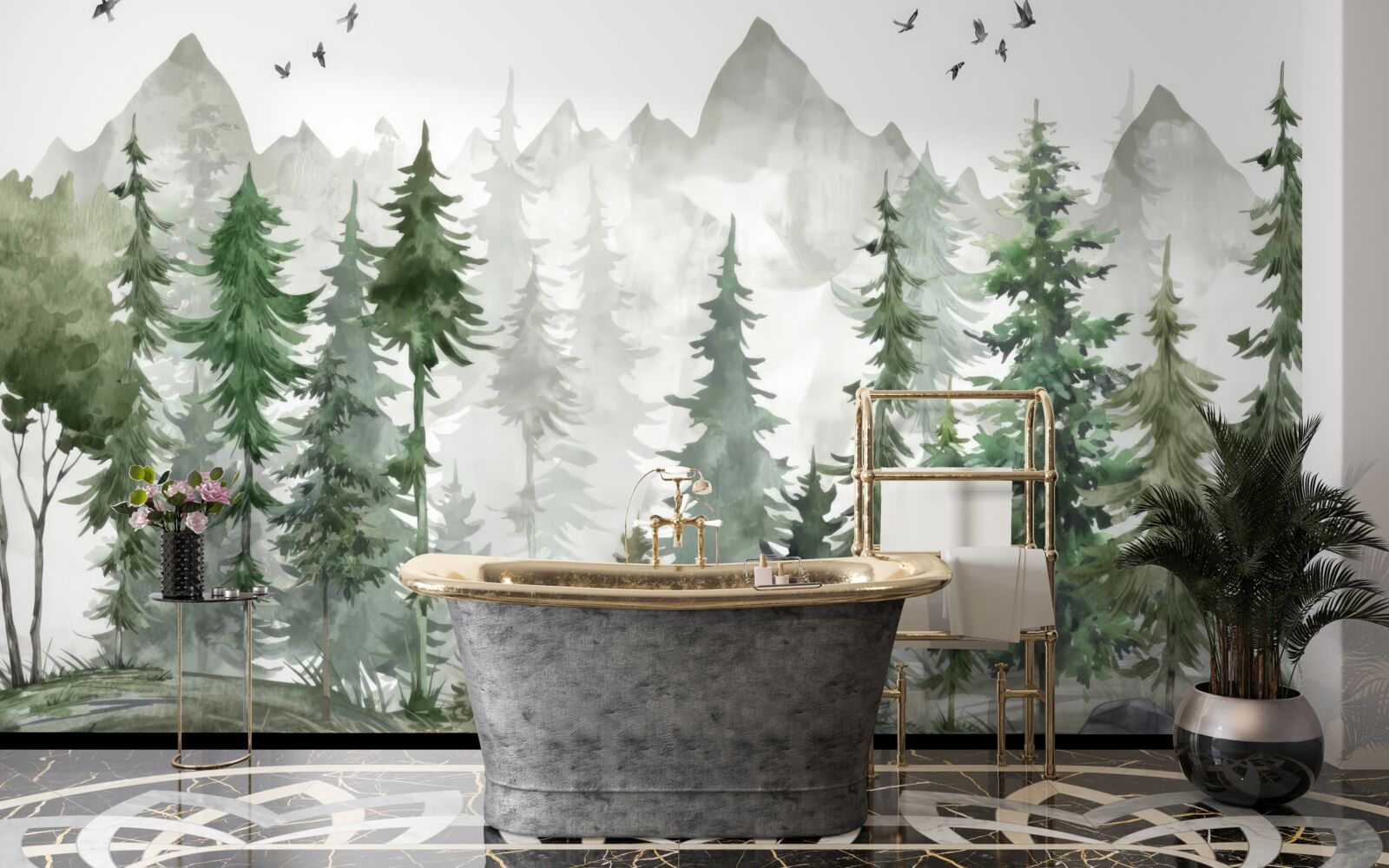 Papier peint forêt et montagnes peintes à l'aquarelle