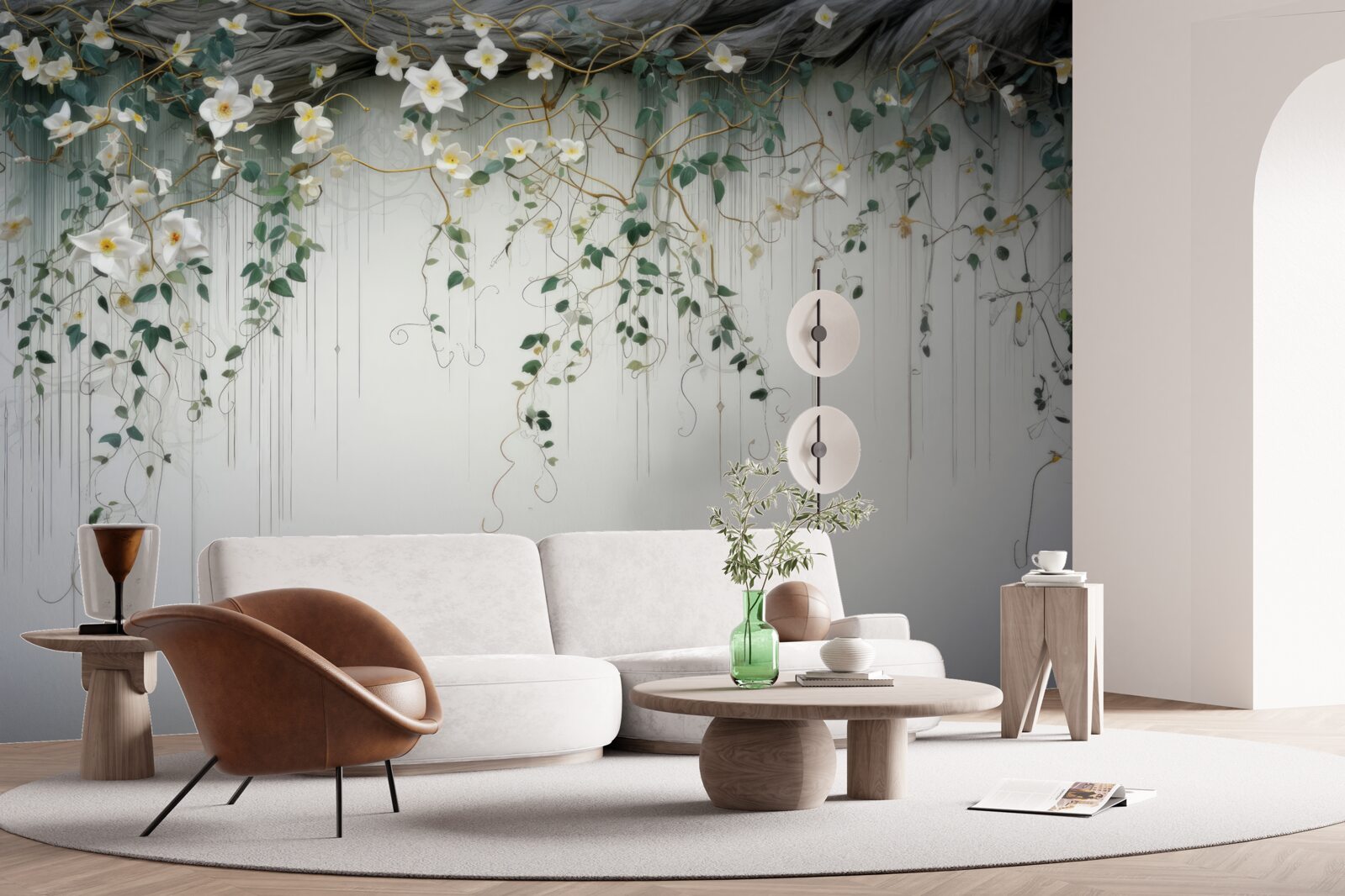 Papier peint branches avec des fleurs blanches