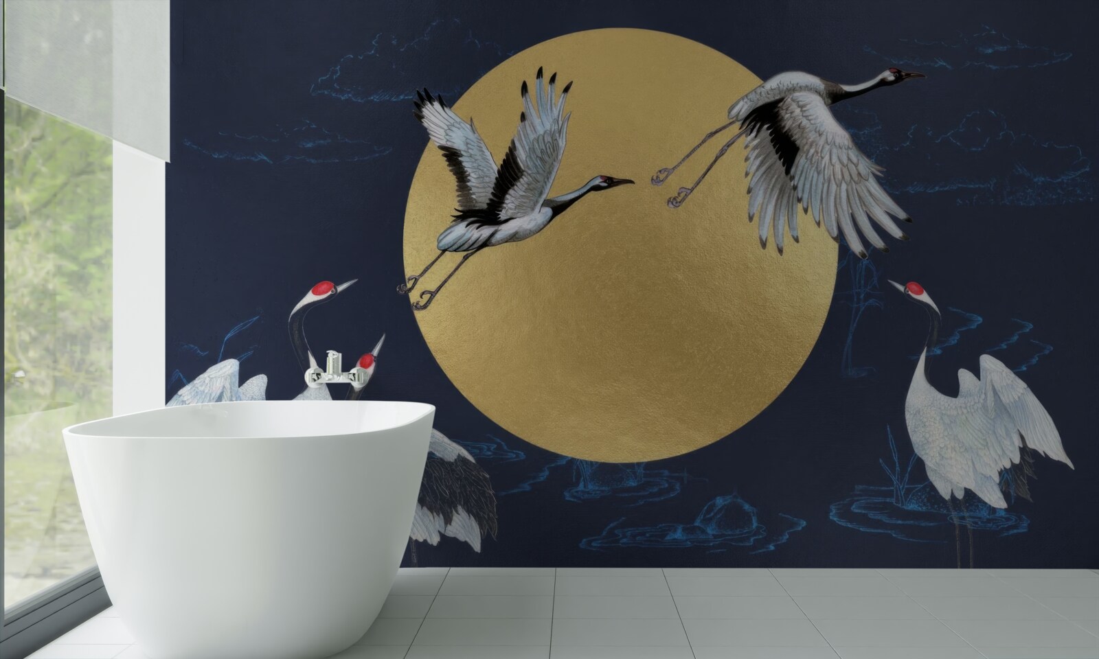 Papier peint vol d'oiseaux blancs