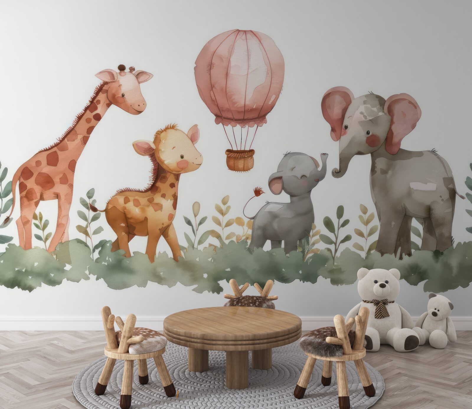 Papier peint éléphanteaux et girafes