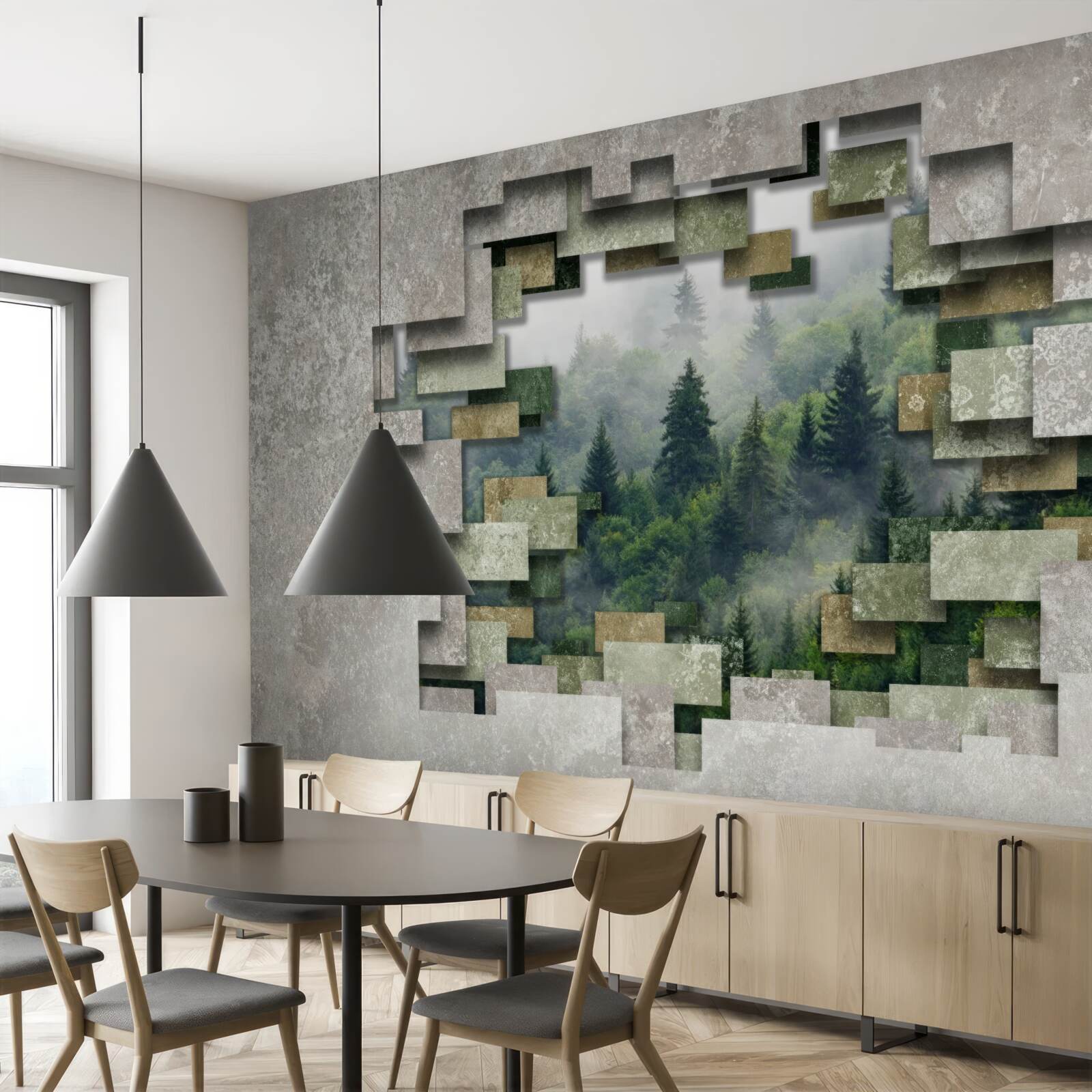 Papier peint Mur dans les ruines et conifères dans la forêt