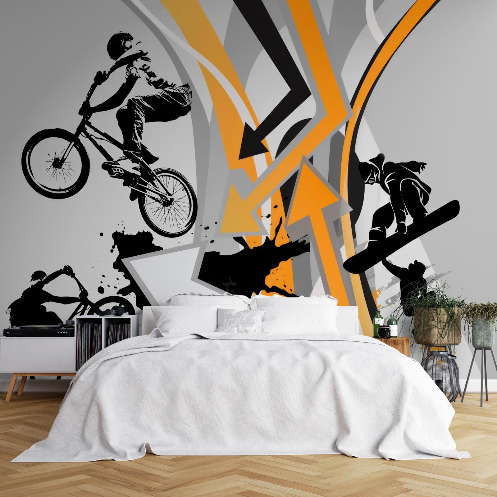 Papier peint les jeunes font du vélo et du skateboard