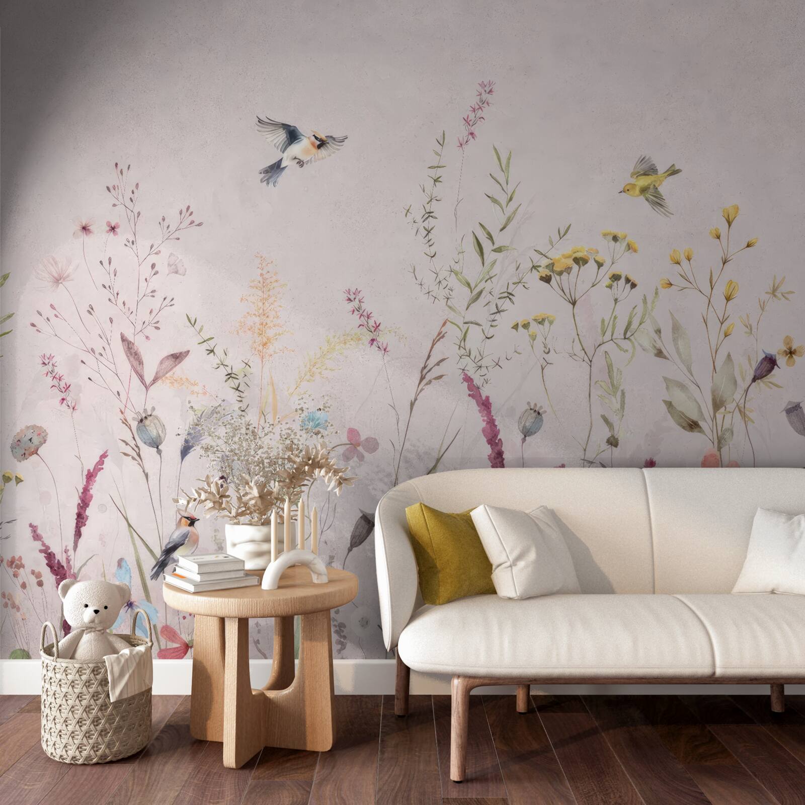 Papier peint fleurs et oiseaux