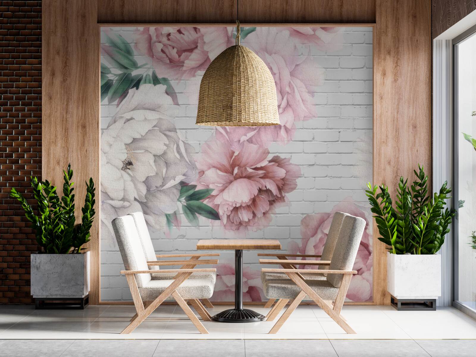 Papier peint pivoines en fleurs roses et blanches
