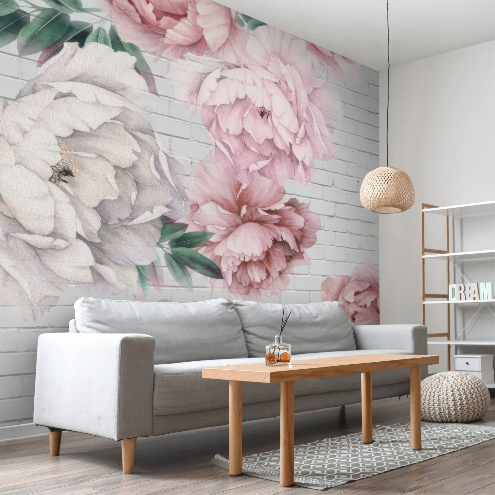 Papier peint pivoines en fleurs roses et blanches