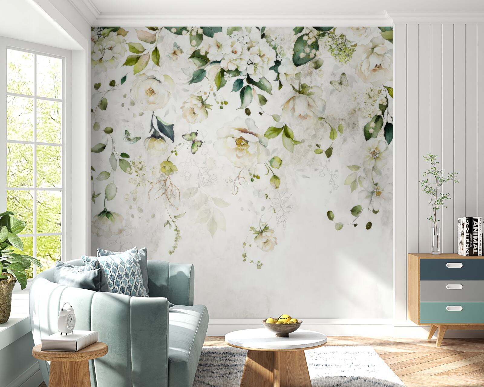 Papier peint des branches décorées de fleurs blanches sont suspendues