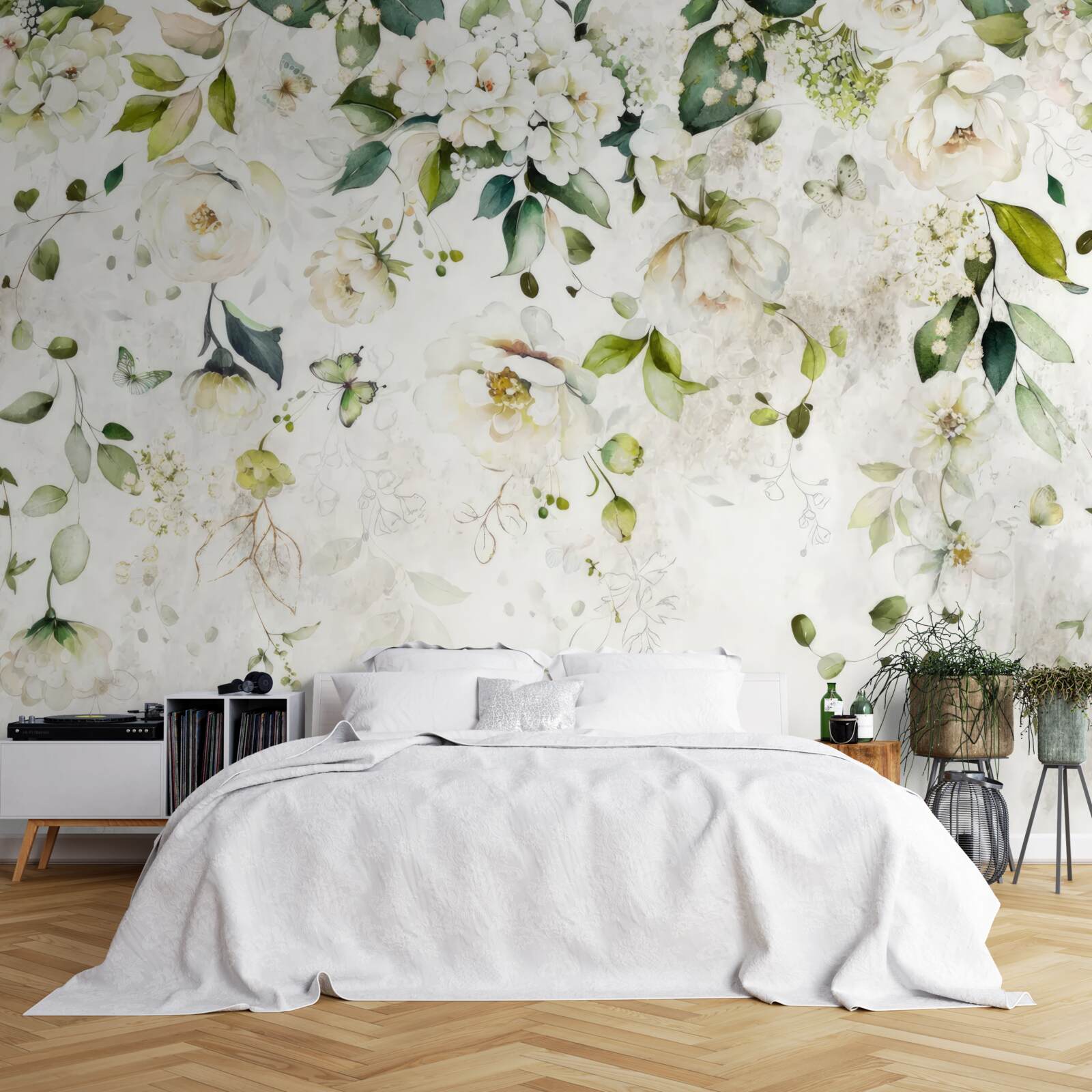 Papier peint des branches décorées de fleurs blanches sont suspendues