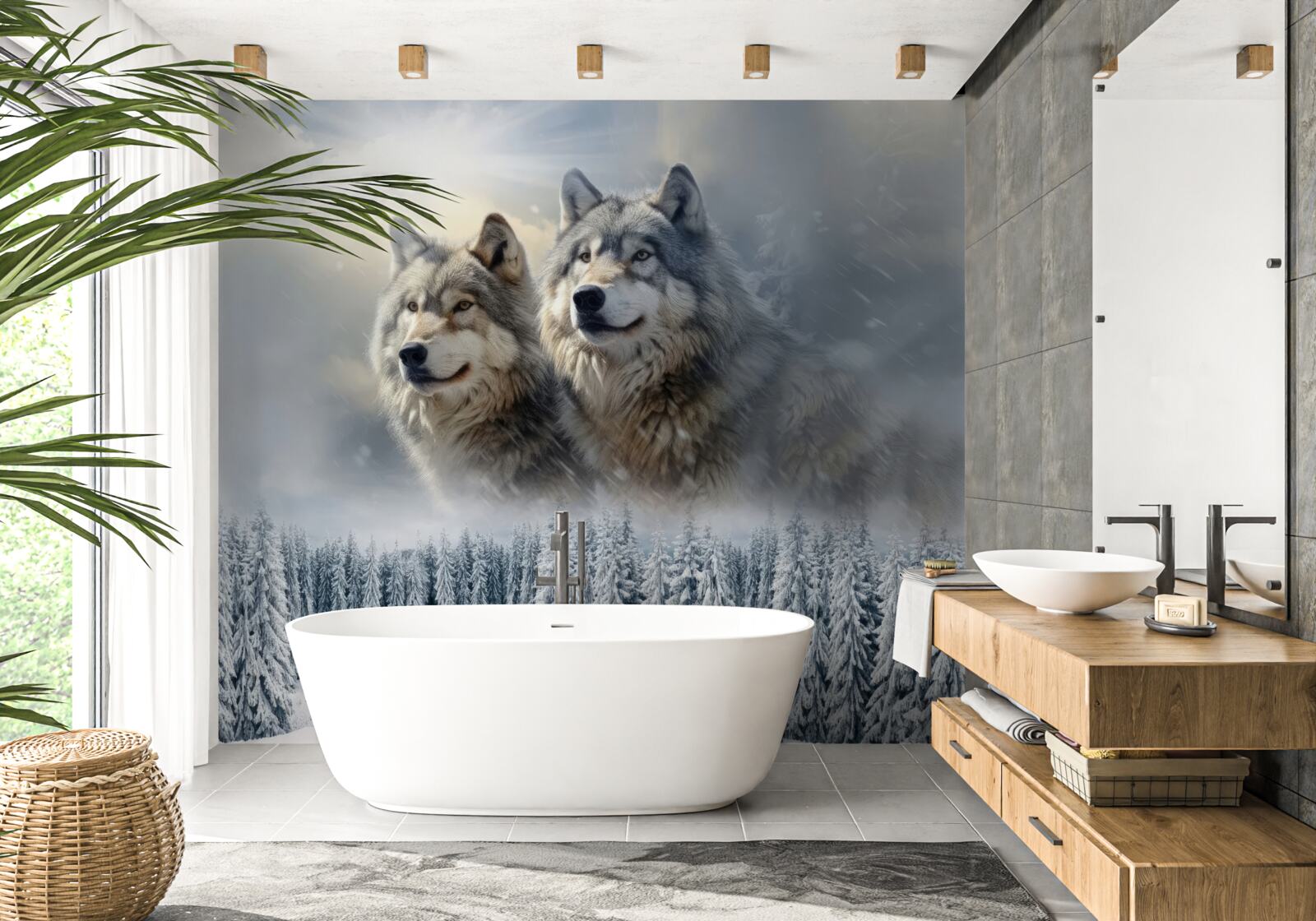 Papier peint deux loups sur fond de forêt enneigée
